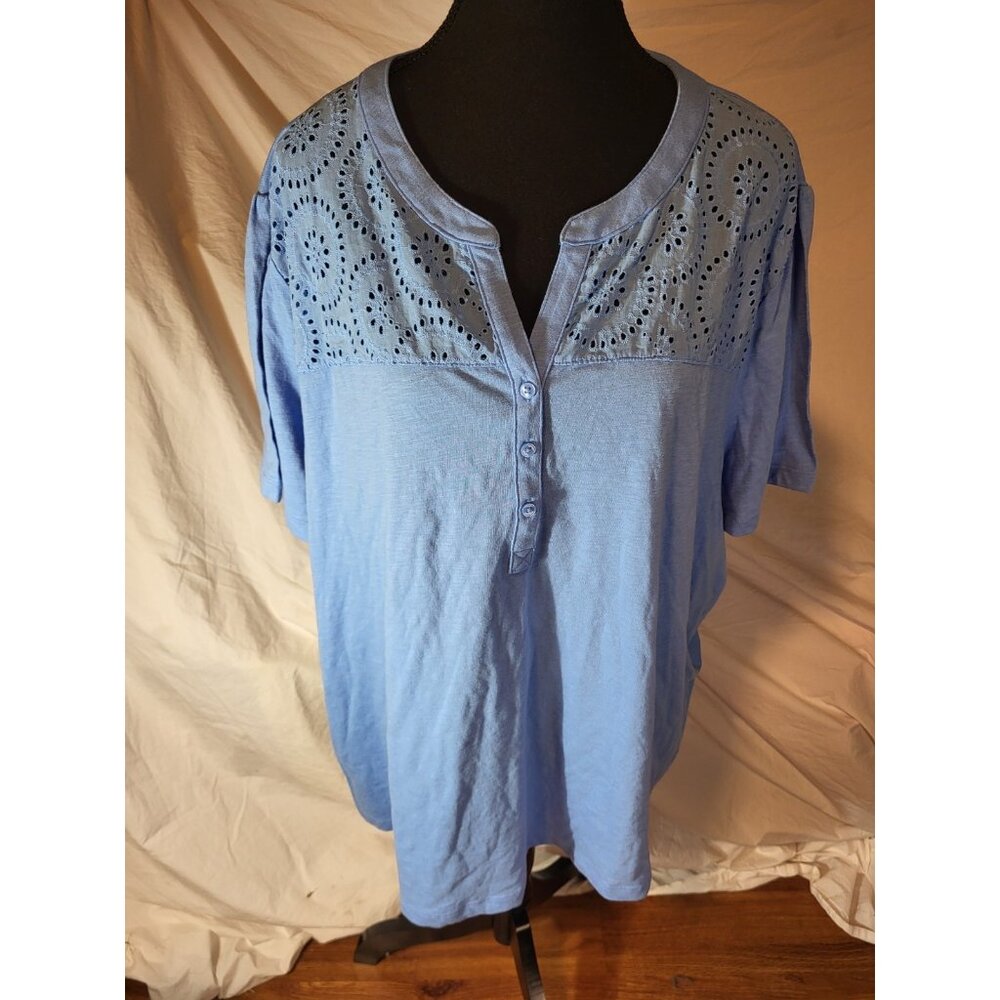 NWT Liz Claiborne Woman's Plus 4X Pullover Blue Lace Top Shirt Cap Sleeve